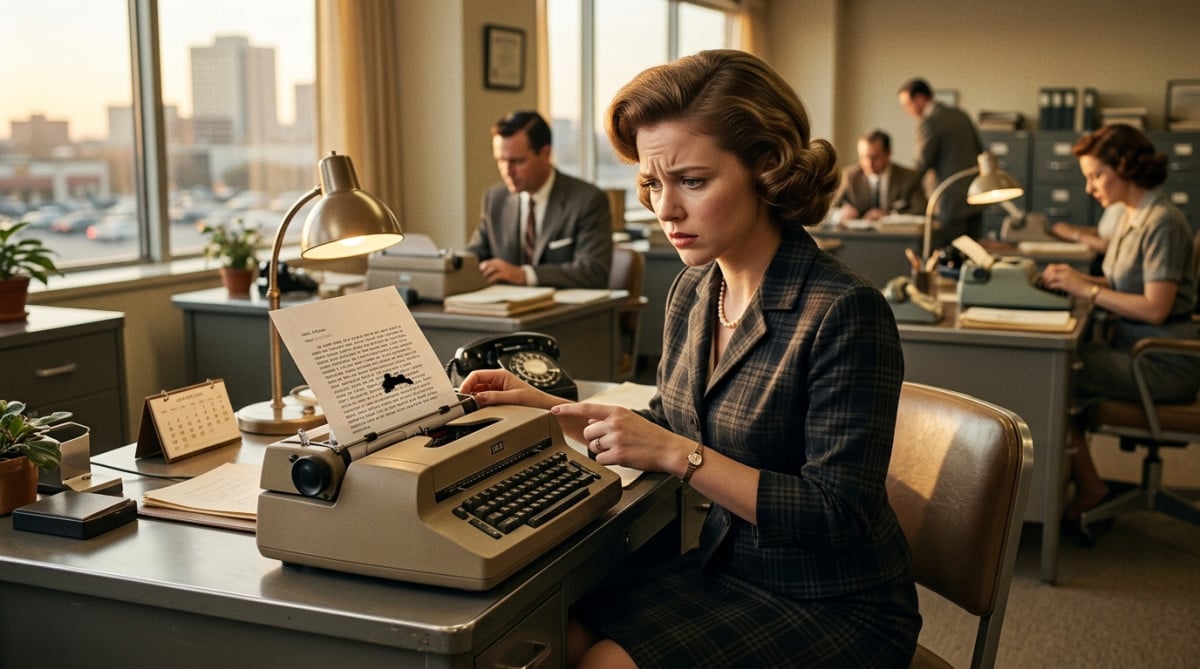 Secrétaire des années 1950 devant sa machine à écrire