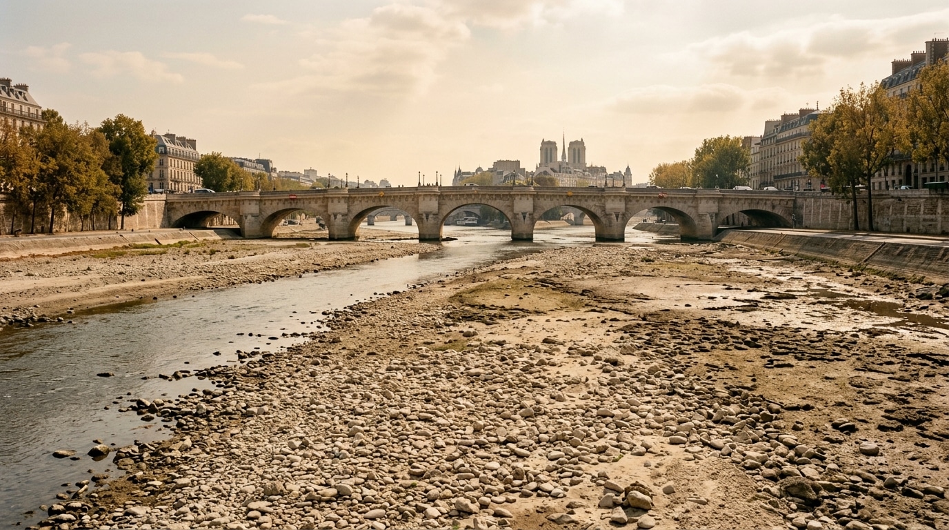 Lit de la Seine presque à sec sous un pont parisien