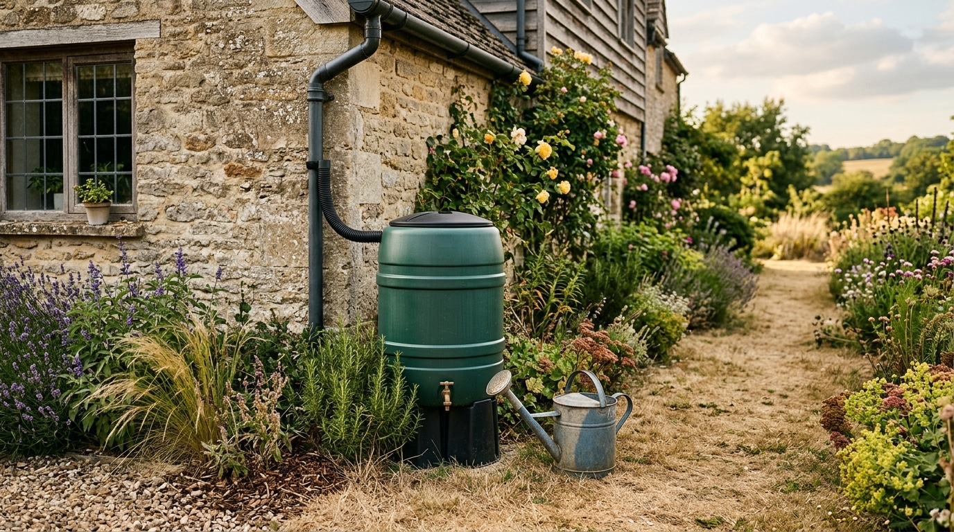 Récupérateur d'eau de pluie et arrosoir dans un jardin sec