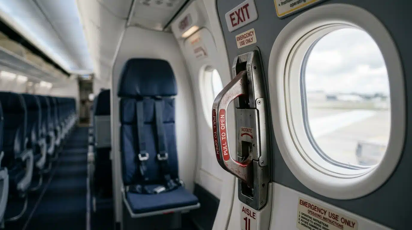 Poignée de porte d'issue dans une cabine d'avion