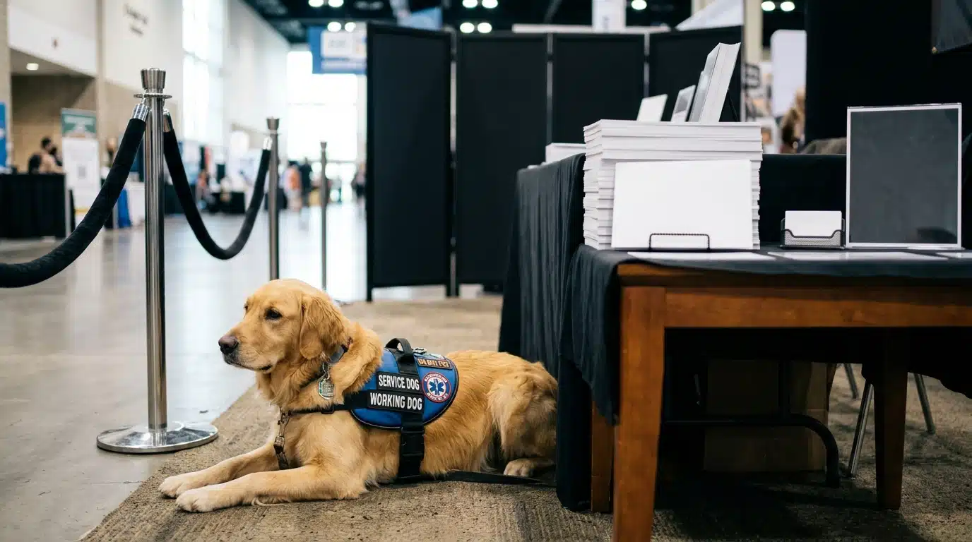 Chien d'assistance près d'un stand protégé par des gardes lors d'un salon de fans