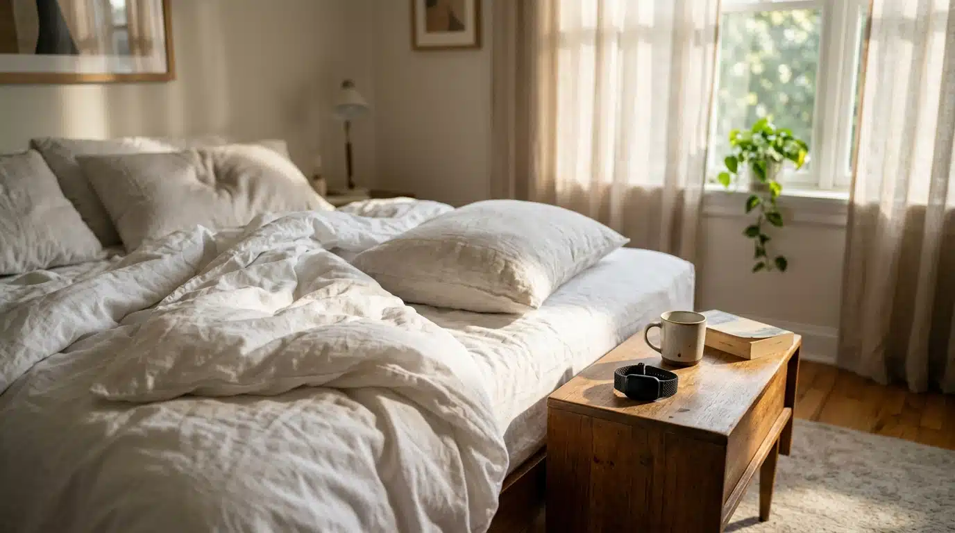 Chambre lumineuse avec bracelet connecté sur la table de nuit