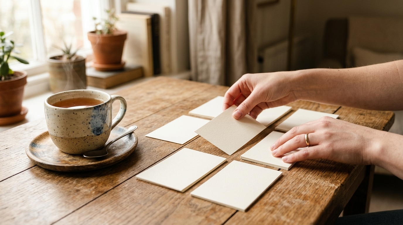 Mains disposant des cartes vierges sur une table en bois