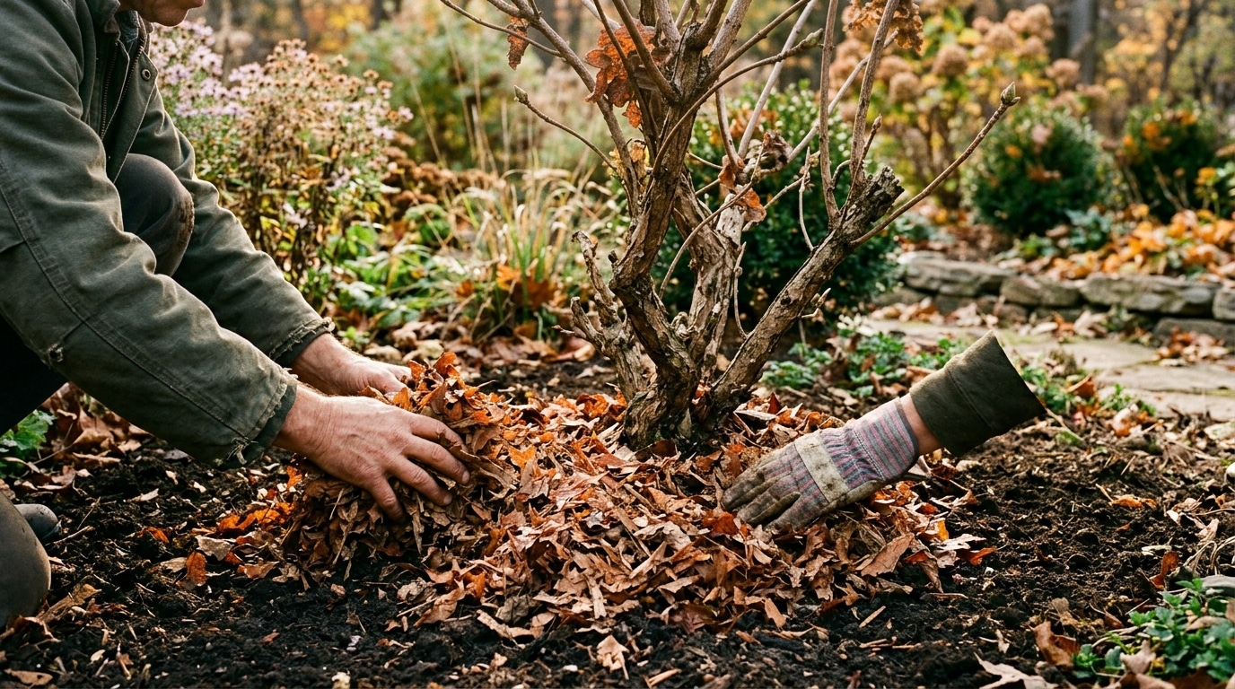 Mains étalant un paillage de feuilles au pied d'un arbuste