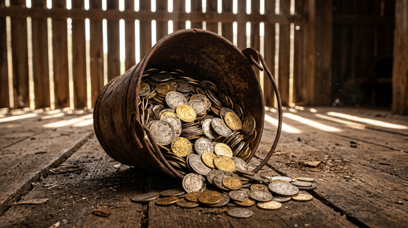 Vieux seau rempli de pièces anciennes rares