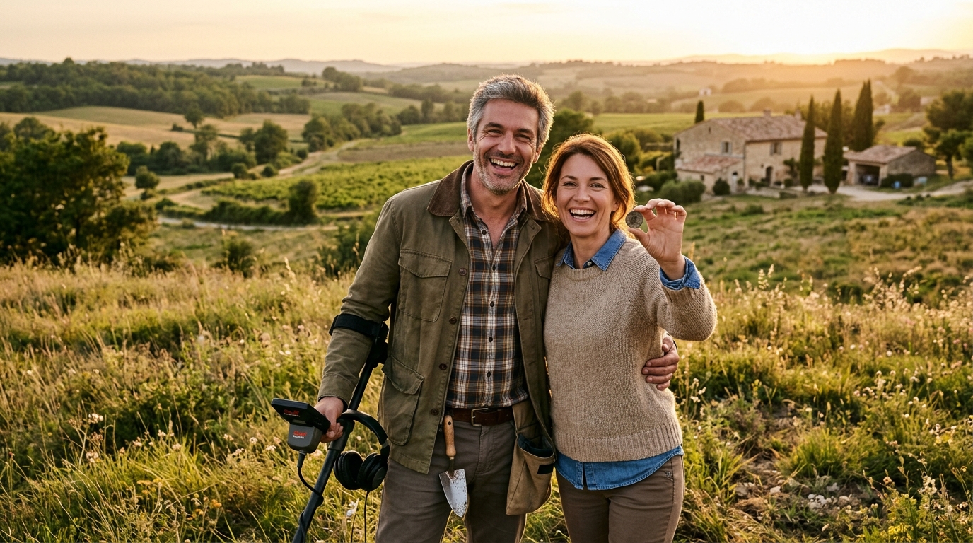Couple avec détecteur de métaux dans un champ