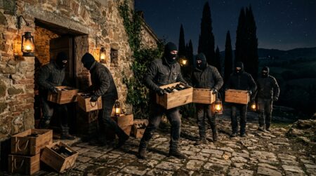 Cambrioleurs encagoulés sortant des caisses de vin d'une cave toscane