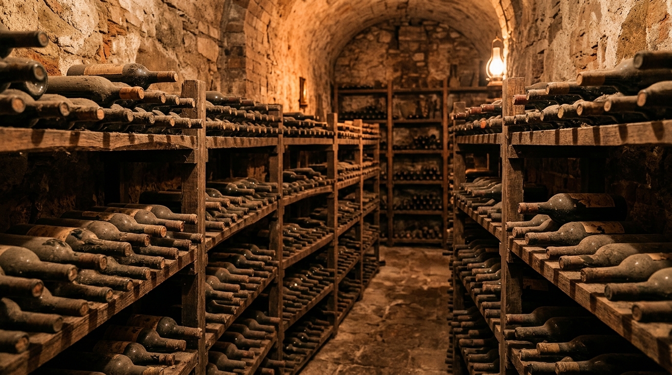 Cave toscane avec étagères de grands crus partiellement vidées