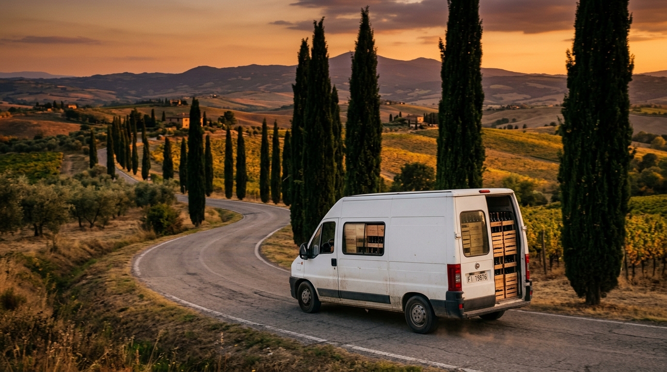 Camionnette chargée de bouteilles sur une route toscane au crépuscule