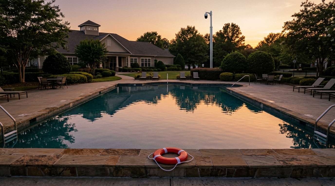 Piscine vide au crépuscule avec bouée et caméra de surveillance