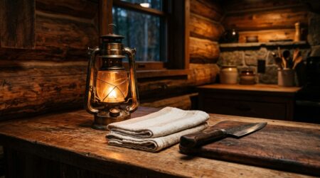 Cuisine rustique d'une cabane éclairée à la lanterne