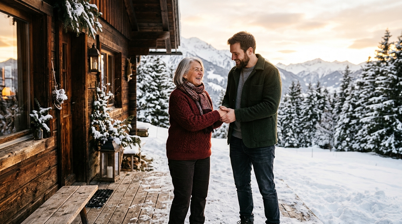 Mère et son fils adulte souriants au coucher du soleil