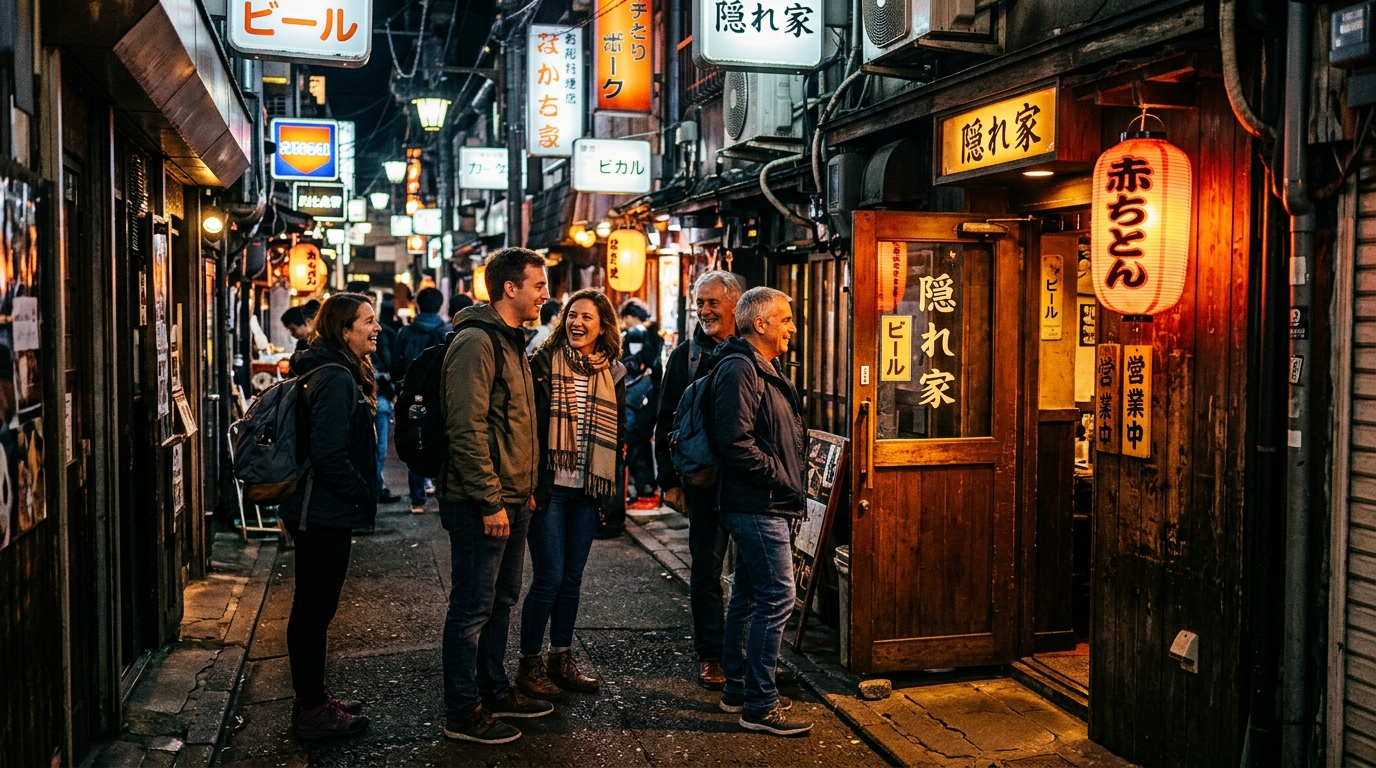 File d'attente de touristes devant un minuscule bar de Golden Gai