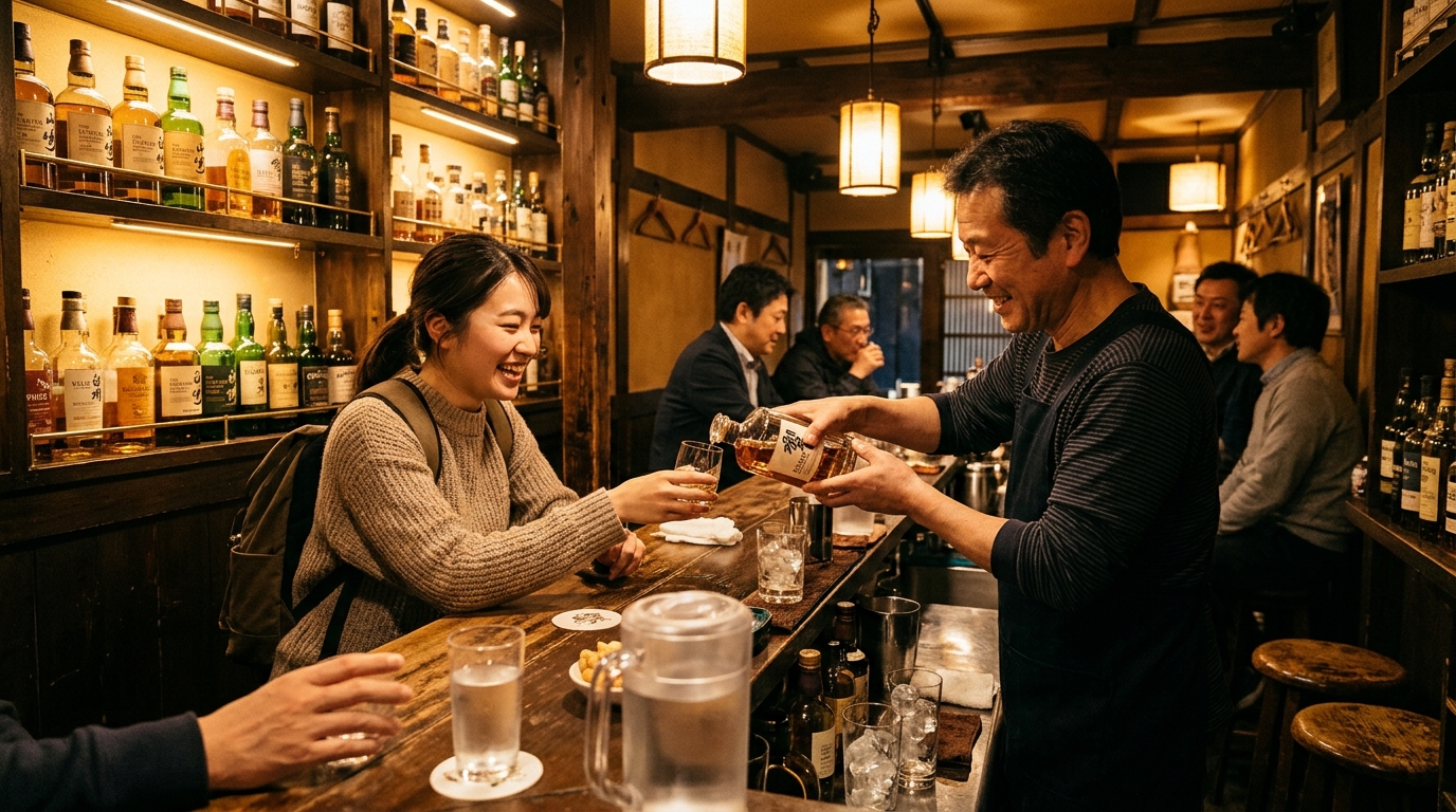 Barman servant un client dans un bar japonais de huit places