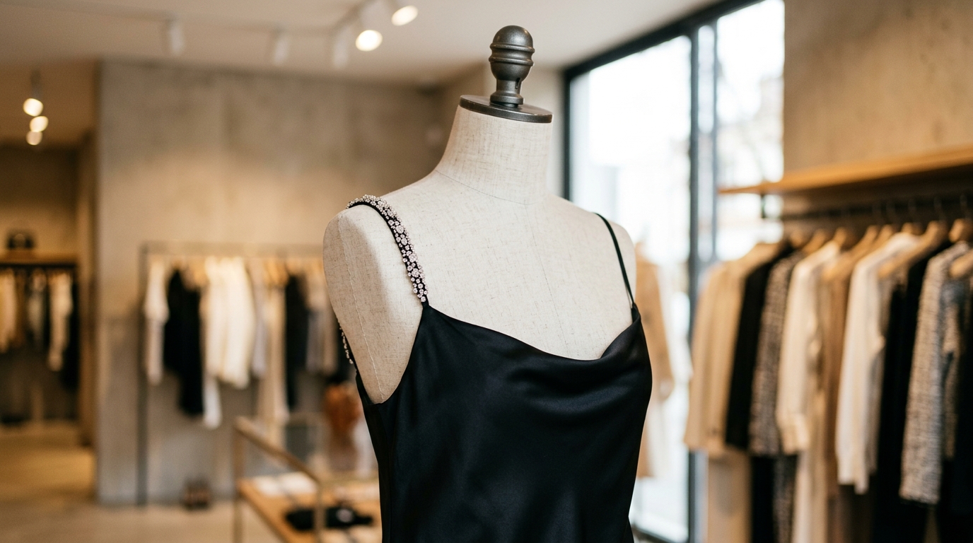 Robe noire en satin à fines bretelles de cristaux