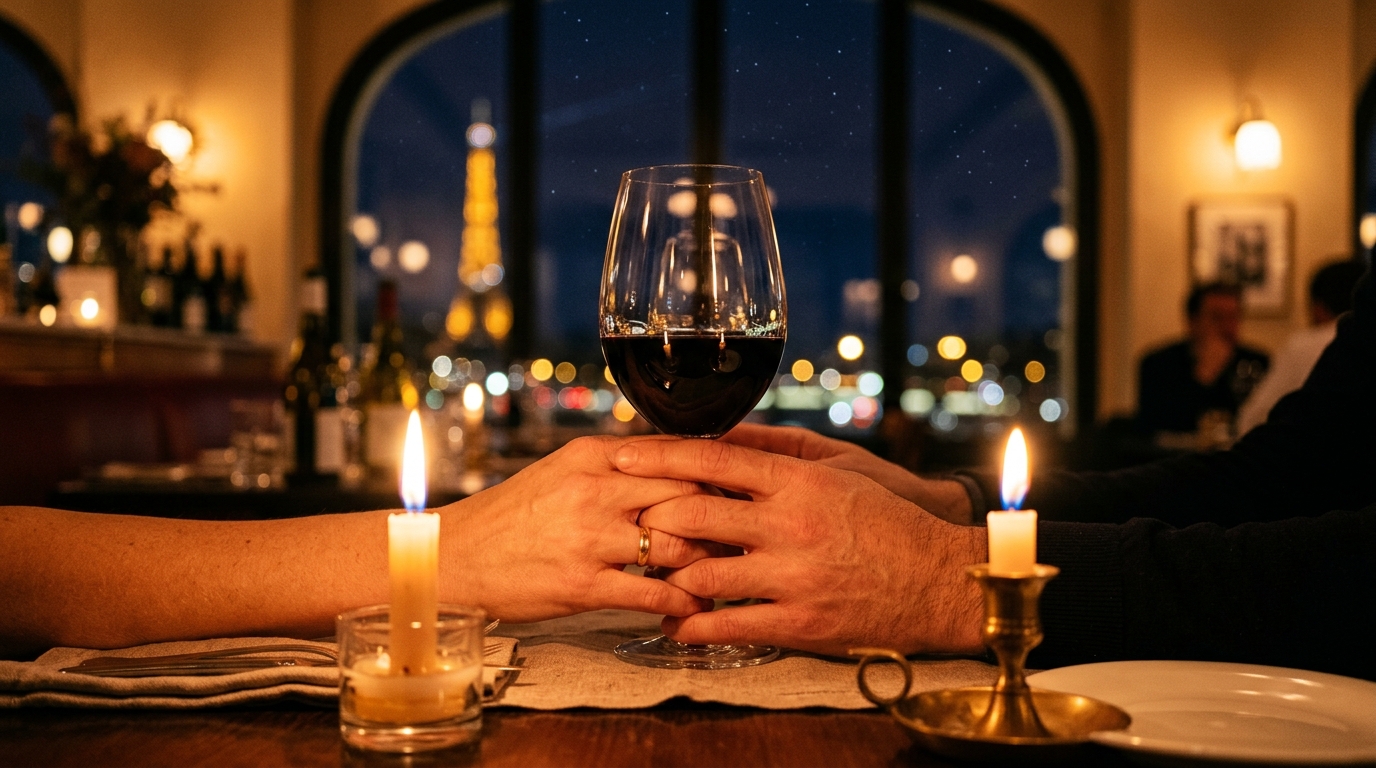 Deux mains et un verre de vin sur une table aux bougies
