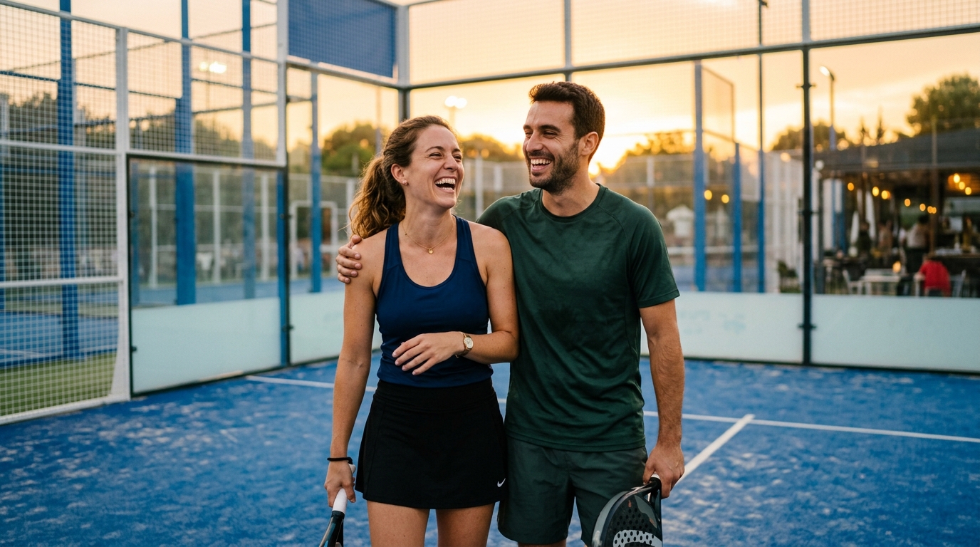 Couple complice riant sur un terrain de padel au coucher du soleil