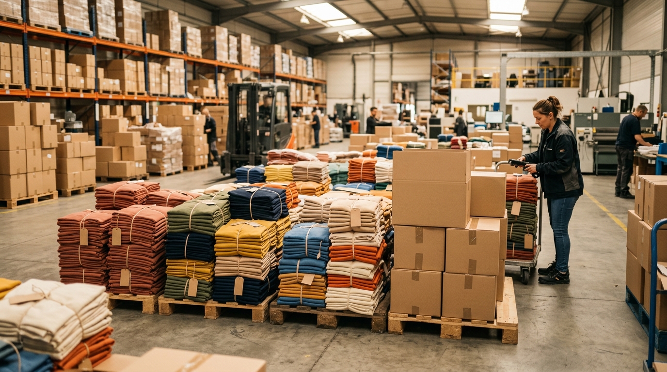 Colis et vêtements empilés dans un entrepôt logistique