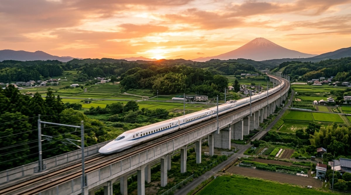 Shinkansen filant sur sa voie réservée au coucher du soleil