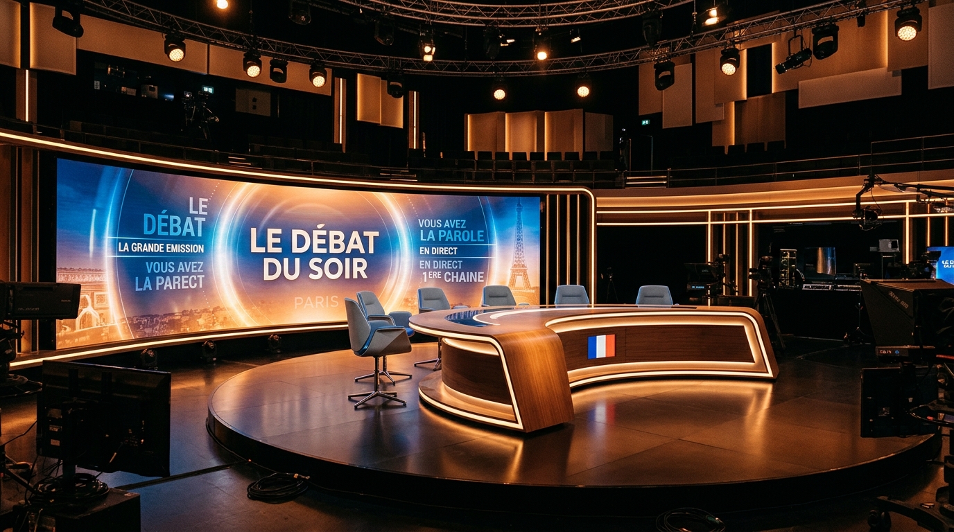 Plateau de télévision vide avec bureau d'animation et fauteuils, évoquant l'émission TBT9