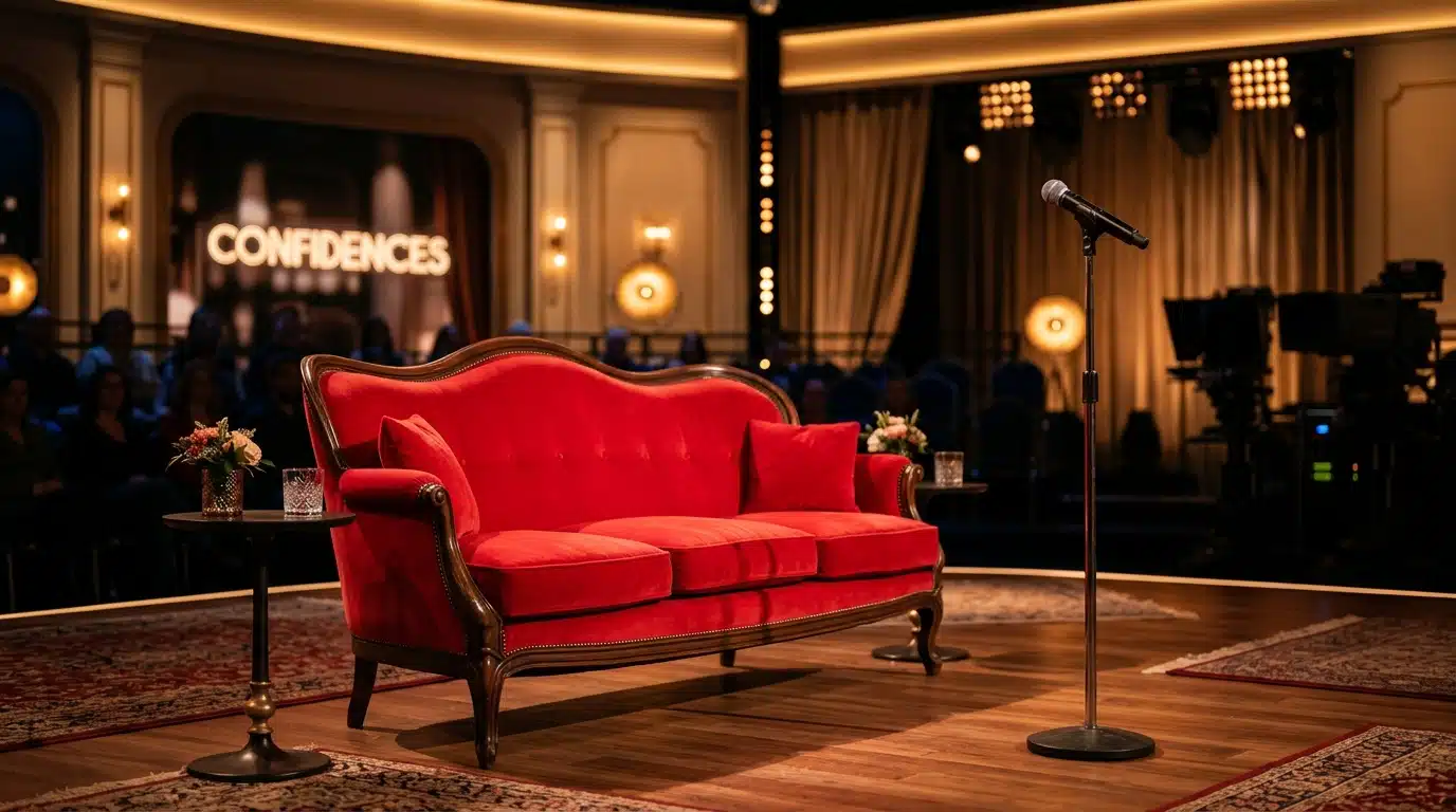 Canapé rouge vide sur un plateau de télévision éclairé