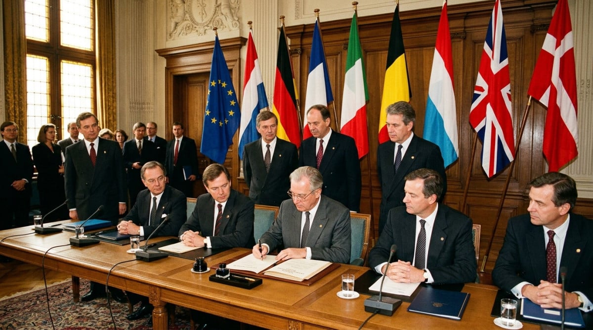 Signature du traité de Maastricht par des diplomates européens