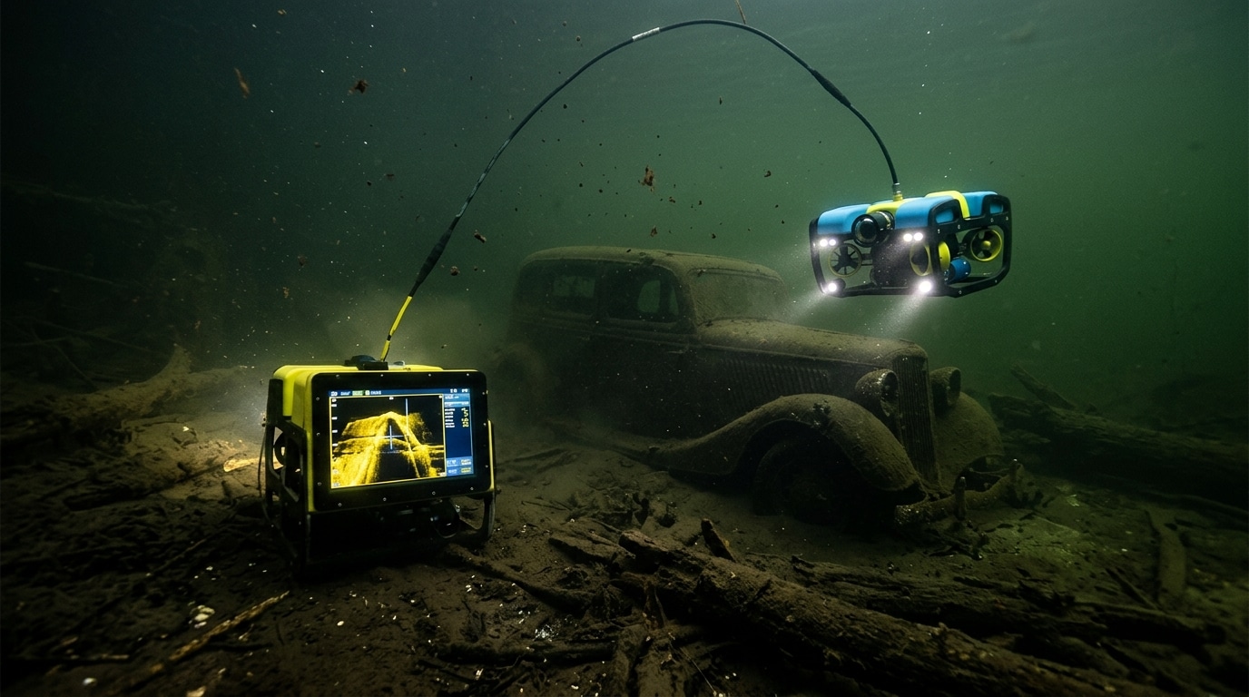 Drone sous-marin et sonar au-dessus d'un fond de rivière trouble
