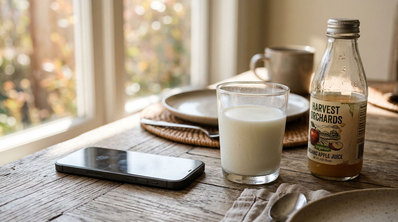 Smartphone posé près d'un verre de lait et d'une bouteille