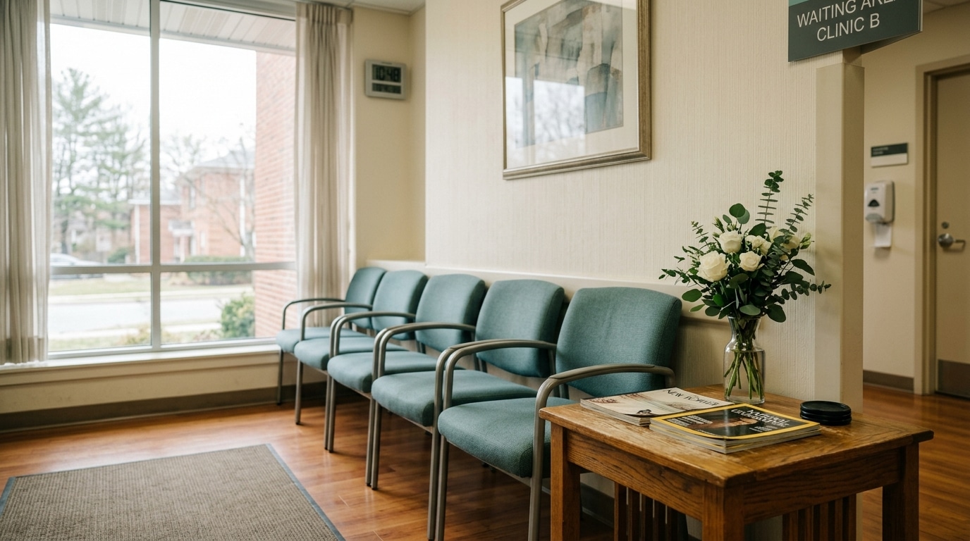 Salle d'attente calme d'une clinique de fertilité, symbole des années d'espoir
