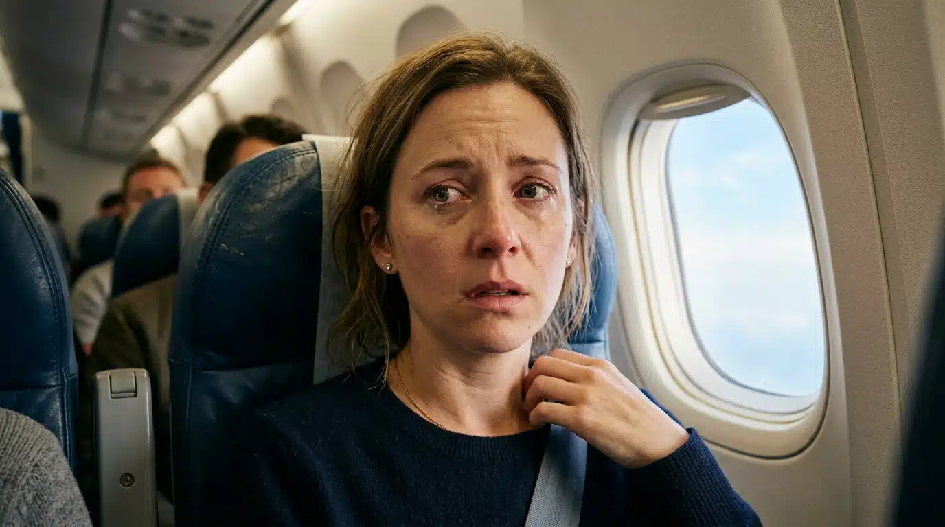 Passager d'avion au visage soulagé après la frayeur