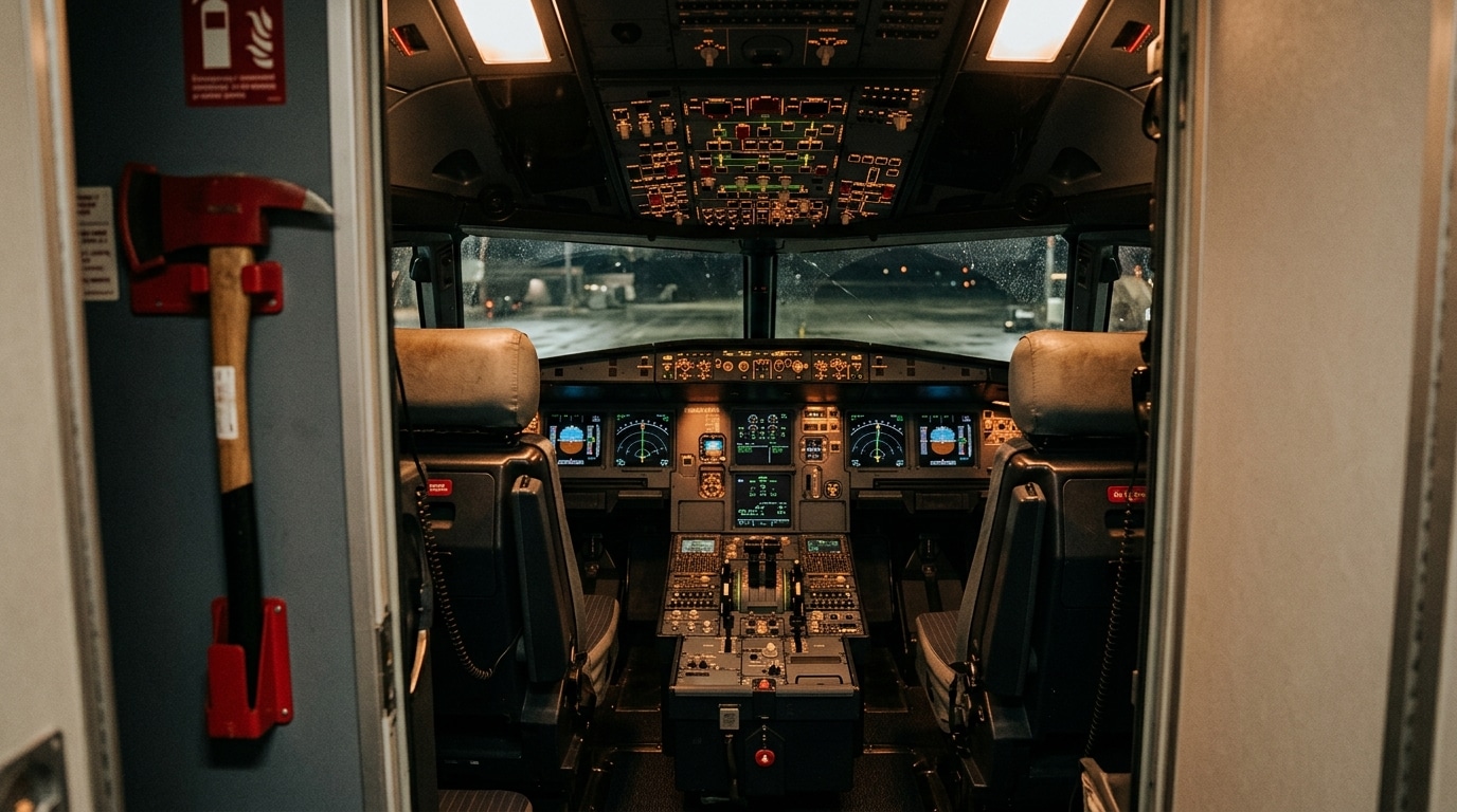 Cockpit d'avion vide avec poste de secours rouge