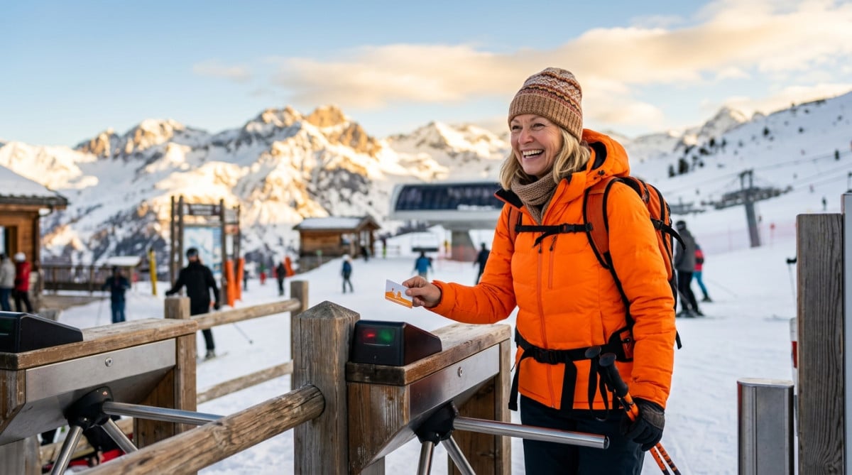 Skieur présentant son forfait devant un portillon de remontée