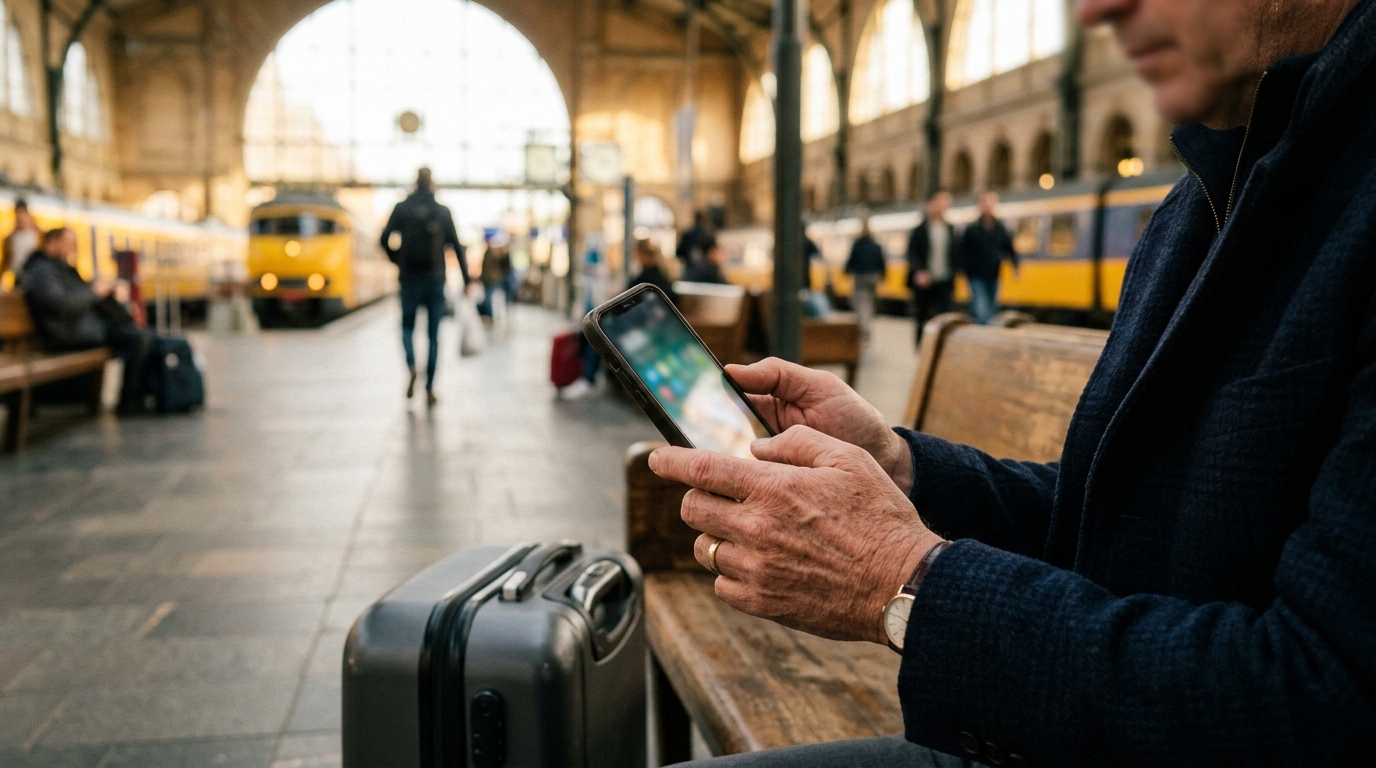 Mains d'un voyageur tenant un smartphone en gare