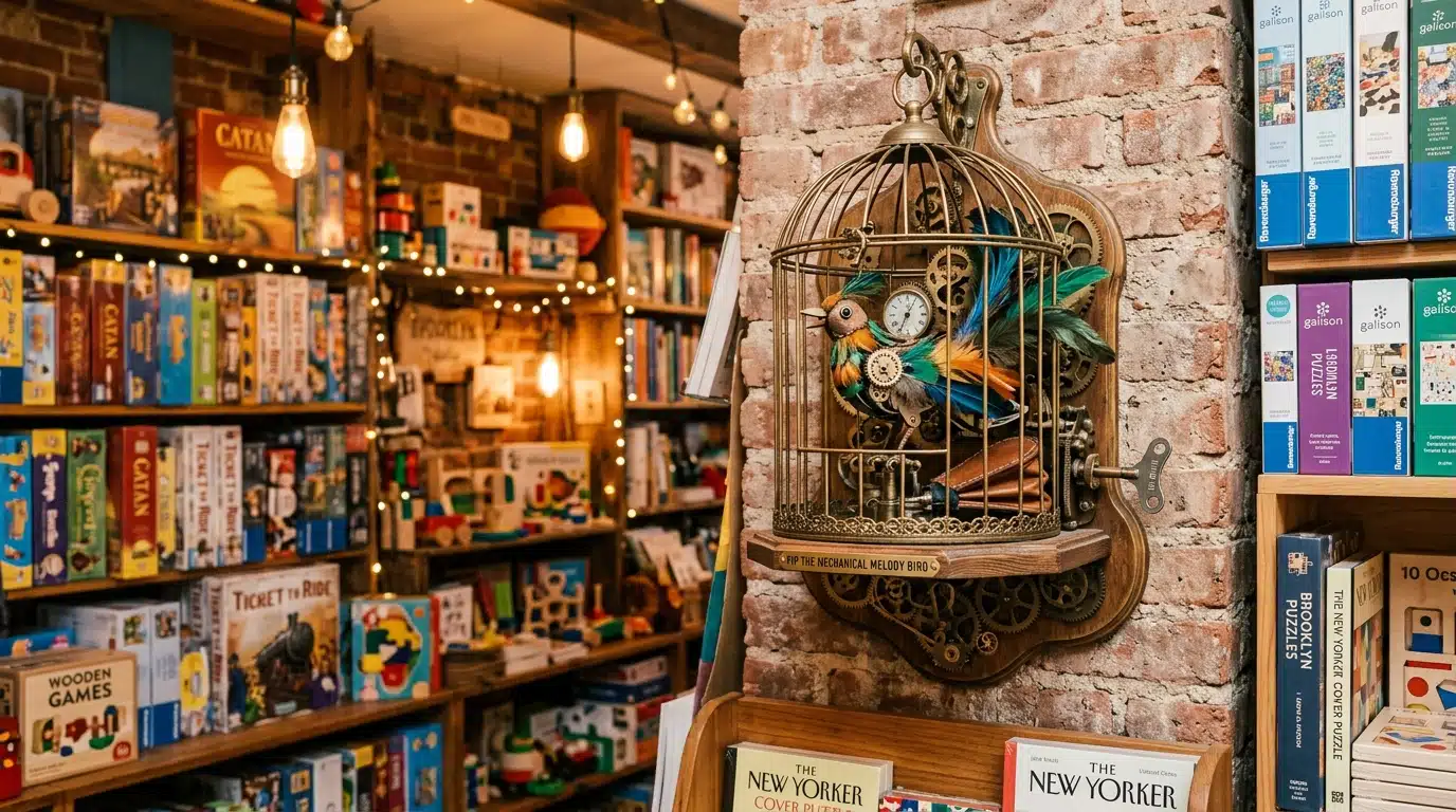 Oiseau automate coloré fixé au mur d'une boutique de jouets de Brooklyn