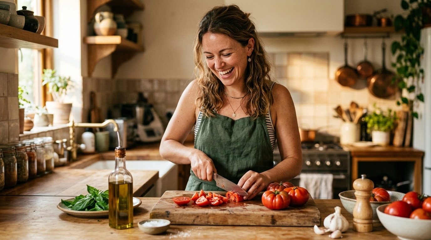 Femme coupant des tomates et du basilic en cuisine