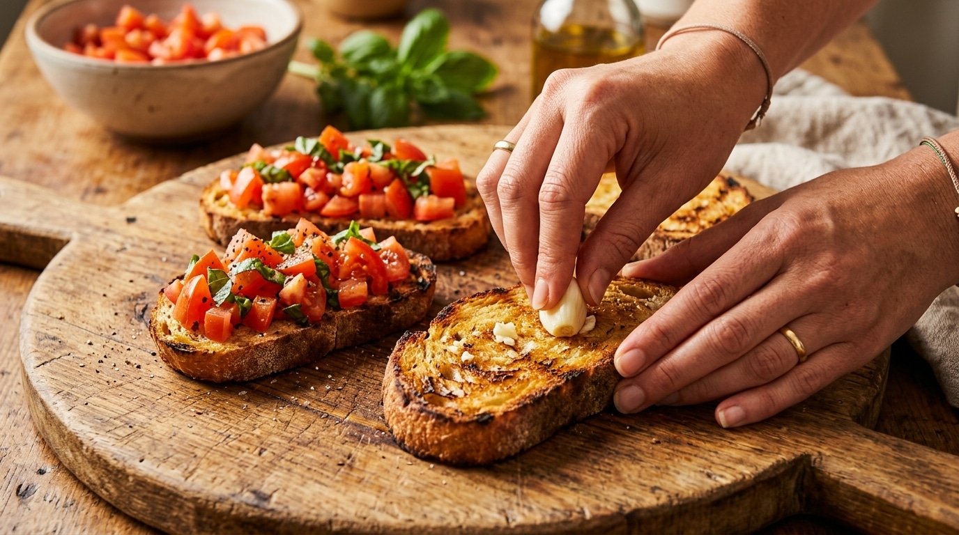 Bruschetta tomate-basilic sur pain grillé à l'ail