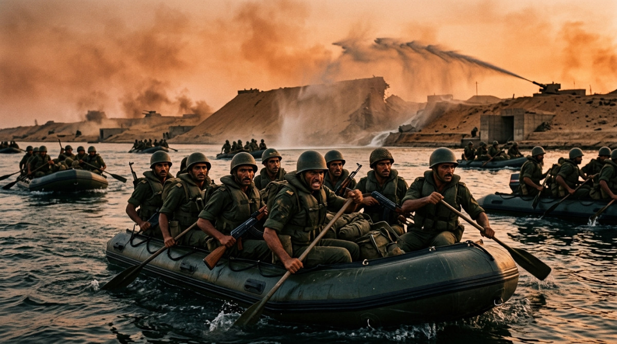 Soldats égyptiens traversant le canal de Suez en 1973