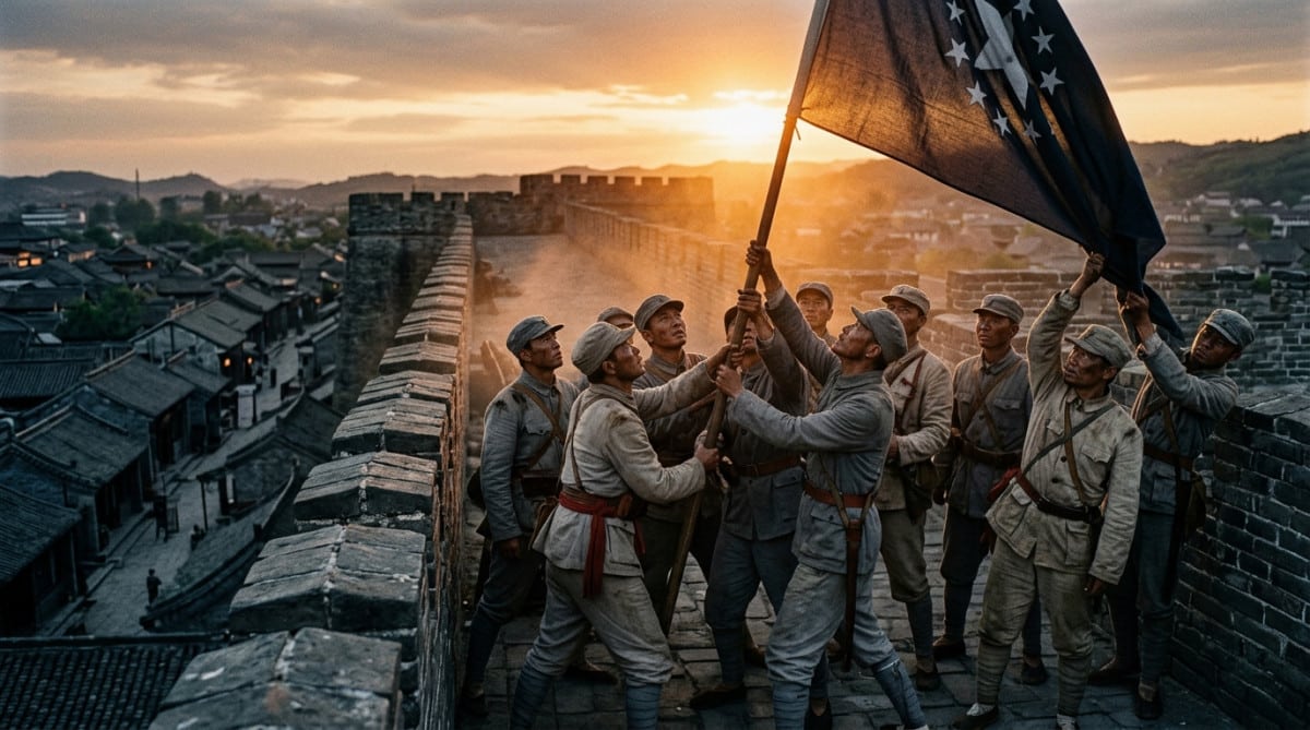 Soldats révolutionnaires chinois hissant un drapeau en 1911