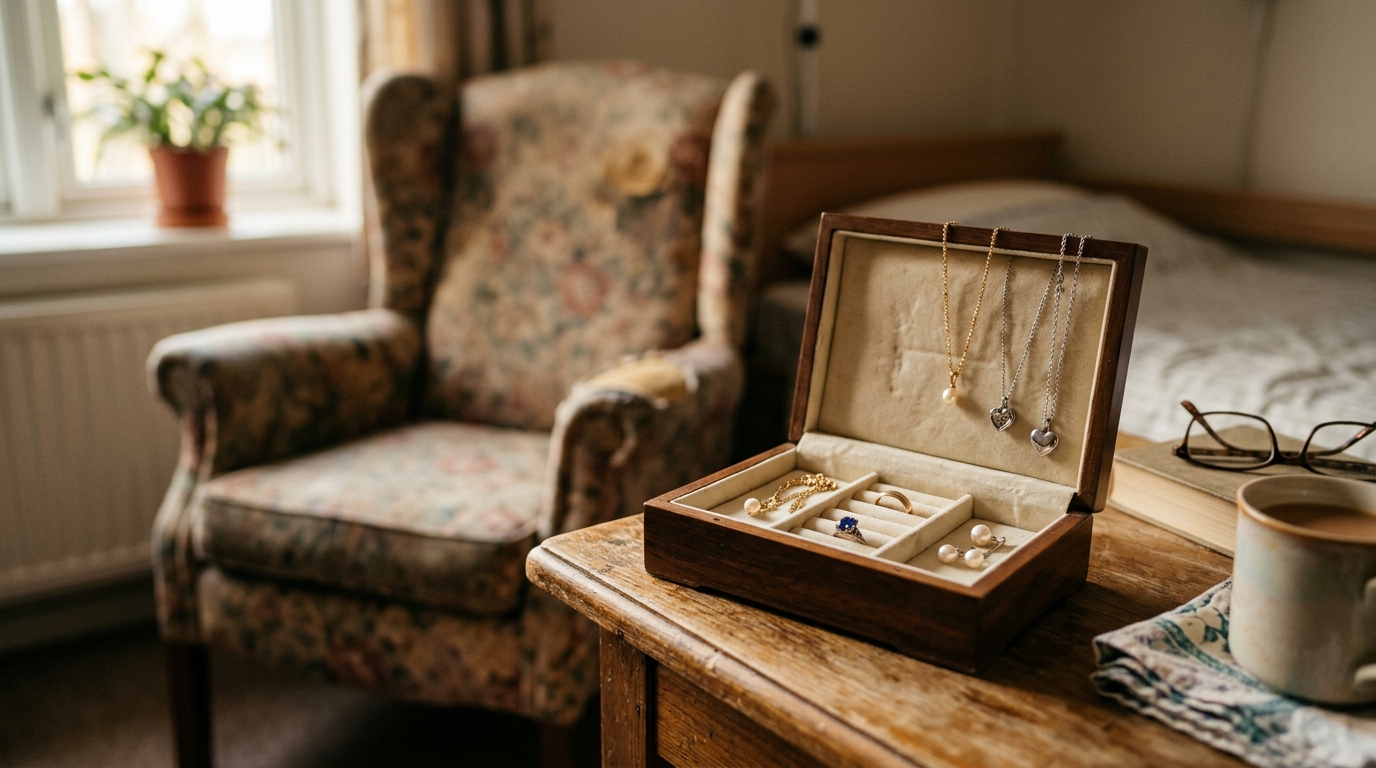 Boîte à bijoux ouverte sur une table de chevet