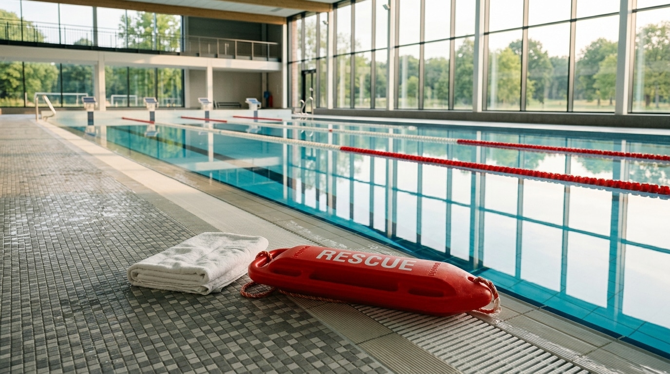 Bouée de sauvetage rouge au bord d'une piscine vide