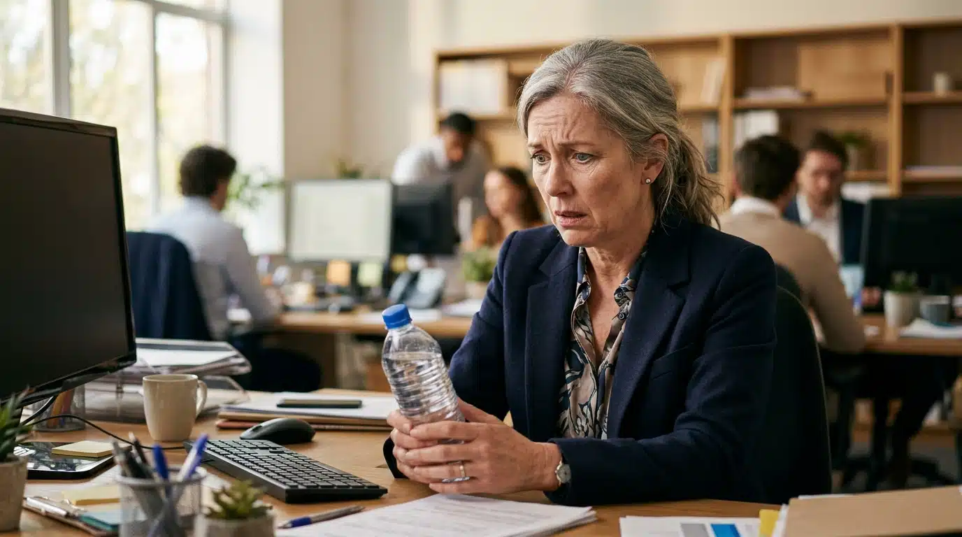 Femme de cinquante ans bouleversée devant sa bouteille d'eau au bureau