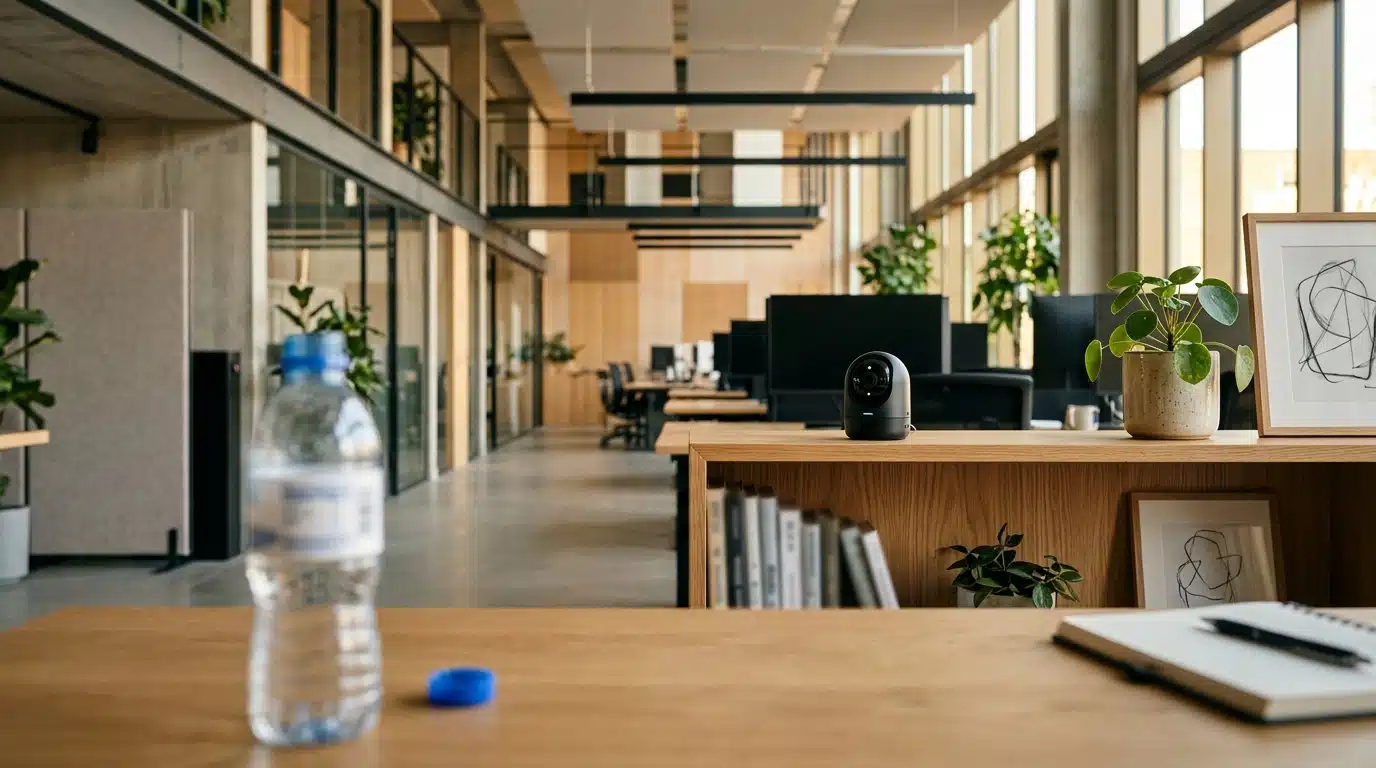 Petite caméra de surveillance près d'un bureau et d'une bouteille