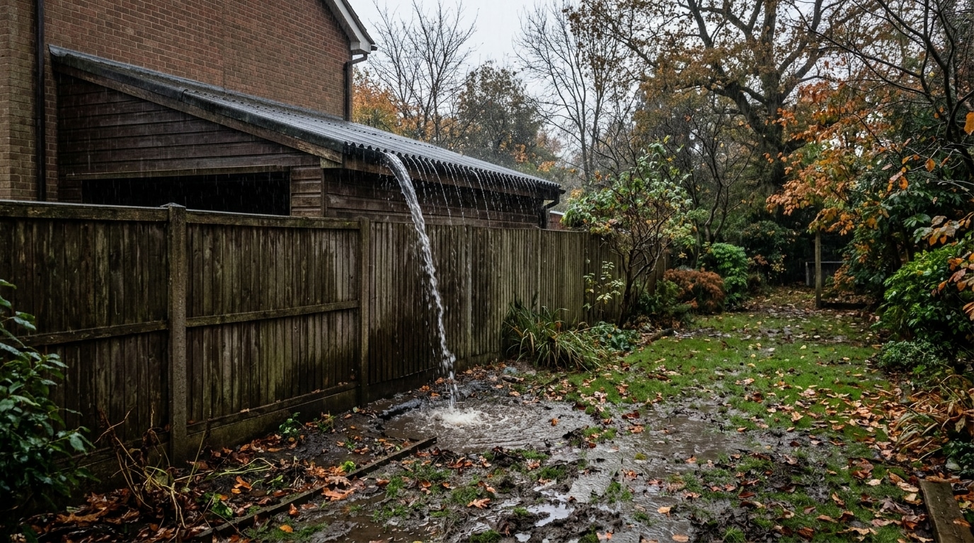 Toit de garage déversant la pluie dans un jardin voisin
