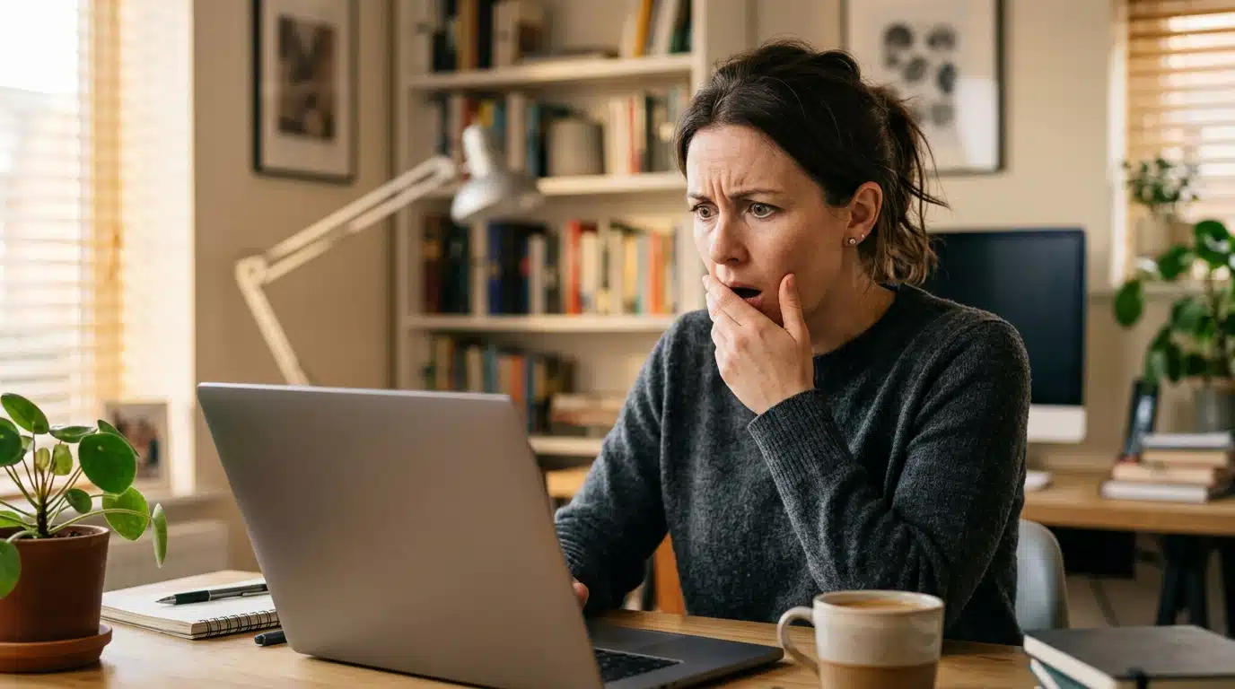 Homme stupéfait devant un ordinateur portable dans un bureau