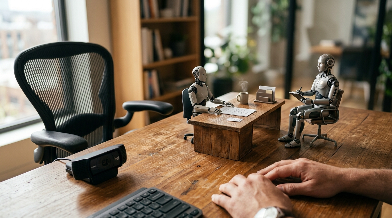 Deux petits robots face à face sur un bureau en bois