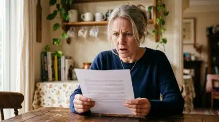 Femme stupéfaite devant un courrier dans son salon