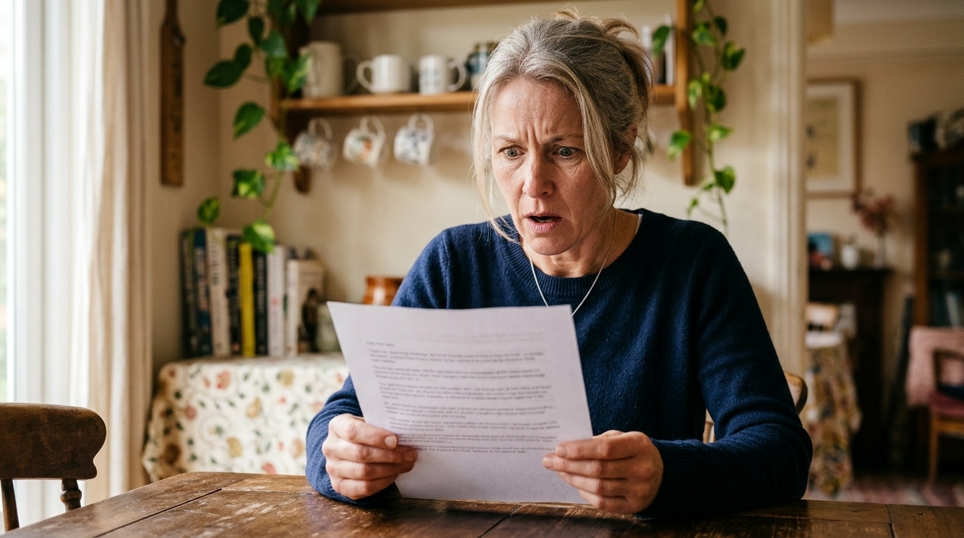 Femme stupéfaite devant un courrier dans son salon