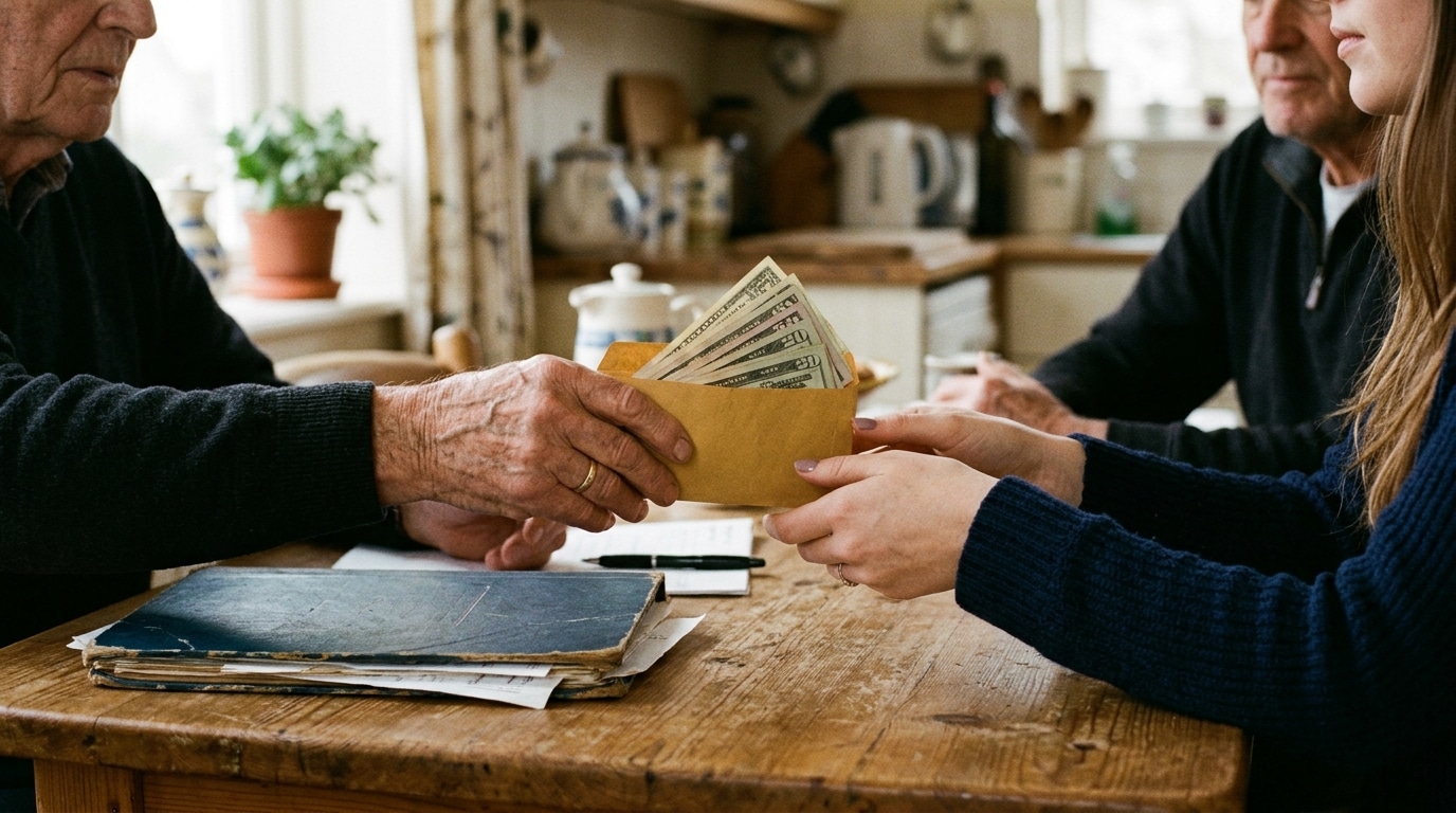 Mains d'un père tendant une enveloppe de billets à sa fille