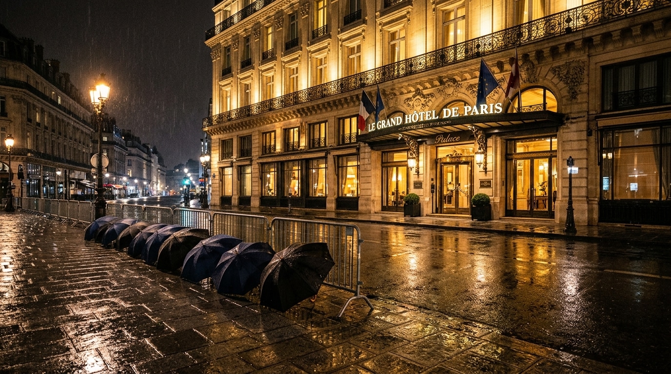 Parapluies et barrières devant un palace parisien sous la pluie, la nuit