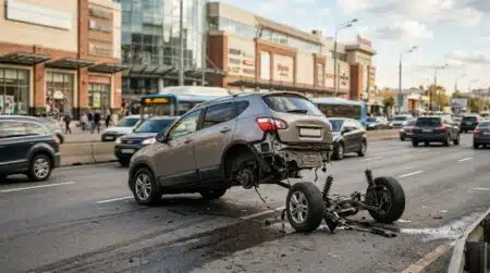 SUV posé sur sa caisse, essieu arrière arraché sur la route